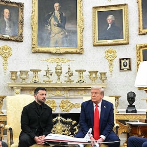 Ukrainian President Volodymyr Zelensky and US President Donald Trump participate in a meeting in the Oval Office of the White House in Washington, DC, on August 18, 2025. European leaders join Ukrainian President Volodymyr Zelensky in talks with US President Donald Trump on August 18, as they try to find a way to end Russia's offensive. The leaders heading to Washington on Monday to appear alongside Zelensky call themselves the "coalition of the willing." (Photo by Mandel NGAN / AFP) (Photo by MANDEL NGAN/AFP via Getty Images)