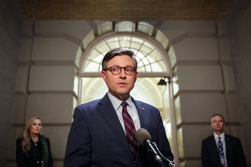 WASHINGTON, DC - MARCH 5: U.S. House Speaker Mike Johnson (R-LA) speaks to reporters as he leaves a meeting between Elon Musk and House Republicans on Capitol Hill on March 5, 2025 in Washington, DC. Musk is meeting with Republicans in Congress today to discuss some of the dramatic cuts made, and yet to be made, across government agencies by the Department of Government Efficiency (DOGE). (Photo by Samuel Corum/Getty Images)