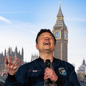 An image of Elon Musk is imposed over an image of a view of Big Ben, Westminster Bridge, and the Palace of Westminster in London, United Kingdom.