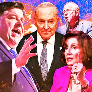 A photo illustration of JB Pritzker, Chuck Schumer, Tim Walz, and Nancy Pelosi.