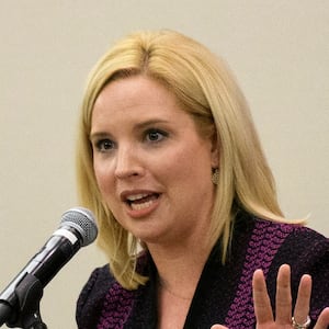 Rep. Ashley Hinson speaks during an Iowa GOP reception in May.