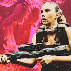 A photo illustration of Scarlett Johansson as skilled covert operations expert Zora Bennett in Jurassic World Rebirth.