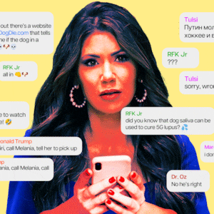 An animated GIF of United States Secretary of Homeland Security Kristi Noem holding a phone with text messages from the Trump admin appearing.