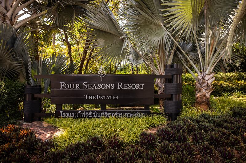 A signboard for the Four Seasons Resort, where the upcoming season of The White Lotus is being filmed, is on display on Koh Samui's Western coast