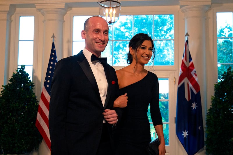 Stephen Miller and then Katie Waldman arriving to attend a state dinner honoring Australian Prime Minister Scott Morrison during Trump's first term on September 20, 2019.