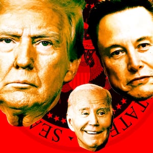 A photo illustration of Donald Trump, Joe Biden, and Elon Musk.