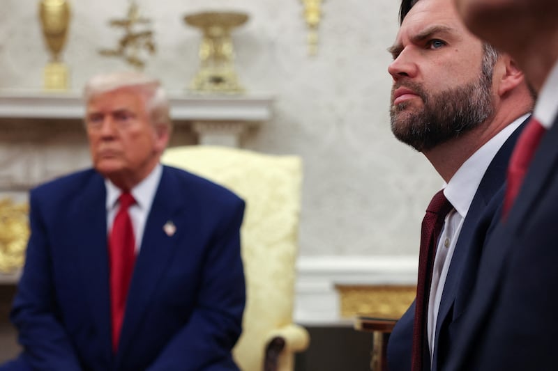 U.S. Vice President J.D. Vance attends a meeting with U.S. President Donald Trump and Israeli Prime Minister Benjamin Netanyahu (not pictured) in the Oval Office at the White House on April 7, 2025.