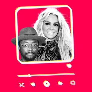 Photo illustration of Britney Spears and will.i.am on a pink background