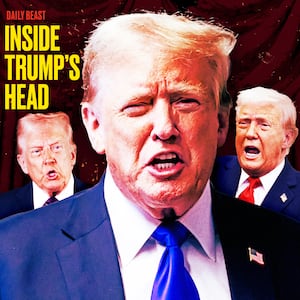 A photo illustration of three versions of President Donald Trump yelling. Inside Trump's Head Daily Beast podcast.