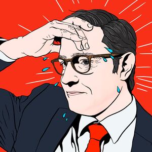 Illustration of Mike Johnson with his hand on his forehead and sweat coming off his brow.
