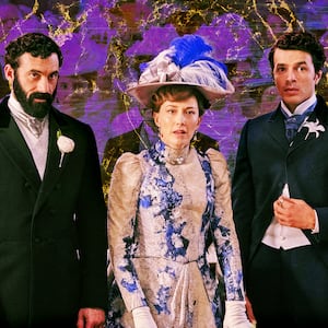 A photo illustration of Morgan Spector, Carrie Coon, and Harry Richardson in The Gilded Age.