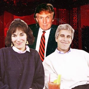A photo illustartion of Ghislaine Maxwell, Donald Trump, Jeffrey Epstein, and a background of the interior of Mar-a-Lago in the 1990s.