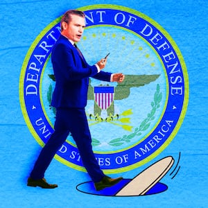 A photo illustration Secretary of Defense Pete Hegseth walking into an open manhole cover.