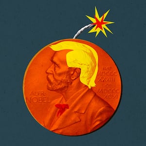 Nobel Peace Prize with Donald Trump's hair and a bomb fuse coming out of the top