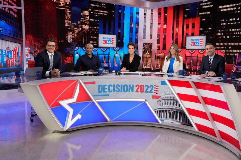 Chris Hayes, Joy  Reid, Rachel Maddow, Nicolle Wallace, Ari Melber in Studio 3A at Rockefeller Center on Tuesday, November 8, 2022