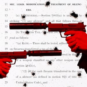 A photo illustration of two hands holding firearms with silencers with a background of text from the H.R.1 - One Big Beautiful Bill Act and bullet holes.