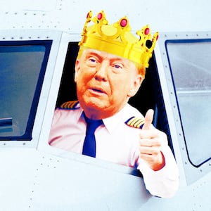 A photo illustration of Donald Trump as a pilot inside a jetliner wearing a golden crown and giving a thumbs up.