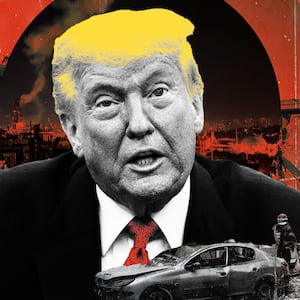 Donald Trump in front of collaged images of Iran after bombings from Israel