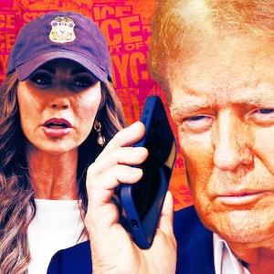 A photo illustration of Kristi Noem and President Donald Trump and a photo of ICE protests.
