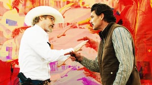 A photo illustration of Joaquin Phoenix and Pedro Pascal in the A24 film "Eddington."